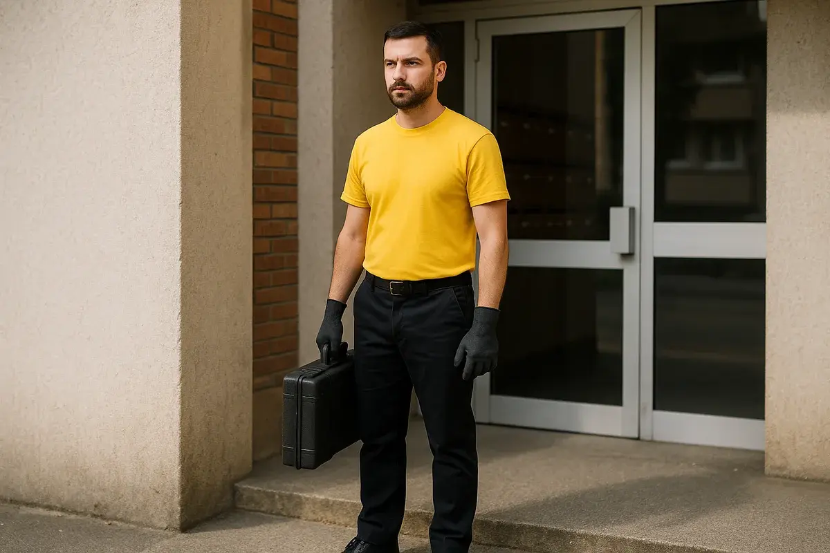 Technicien en pantalon noir, t-shirt jaune, gants et chaussures de sécurité, mallette d'intervention fermée à la main, debout devant l'entrée d'un immeuble d'habitation d'Île-de-France.