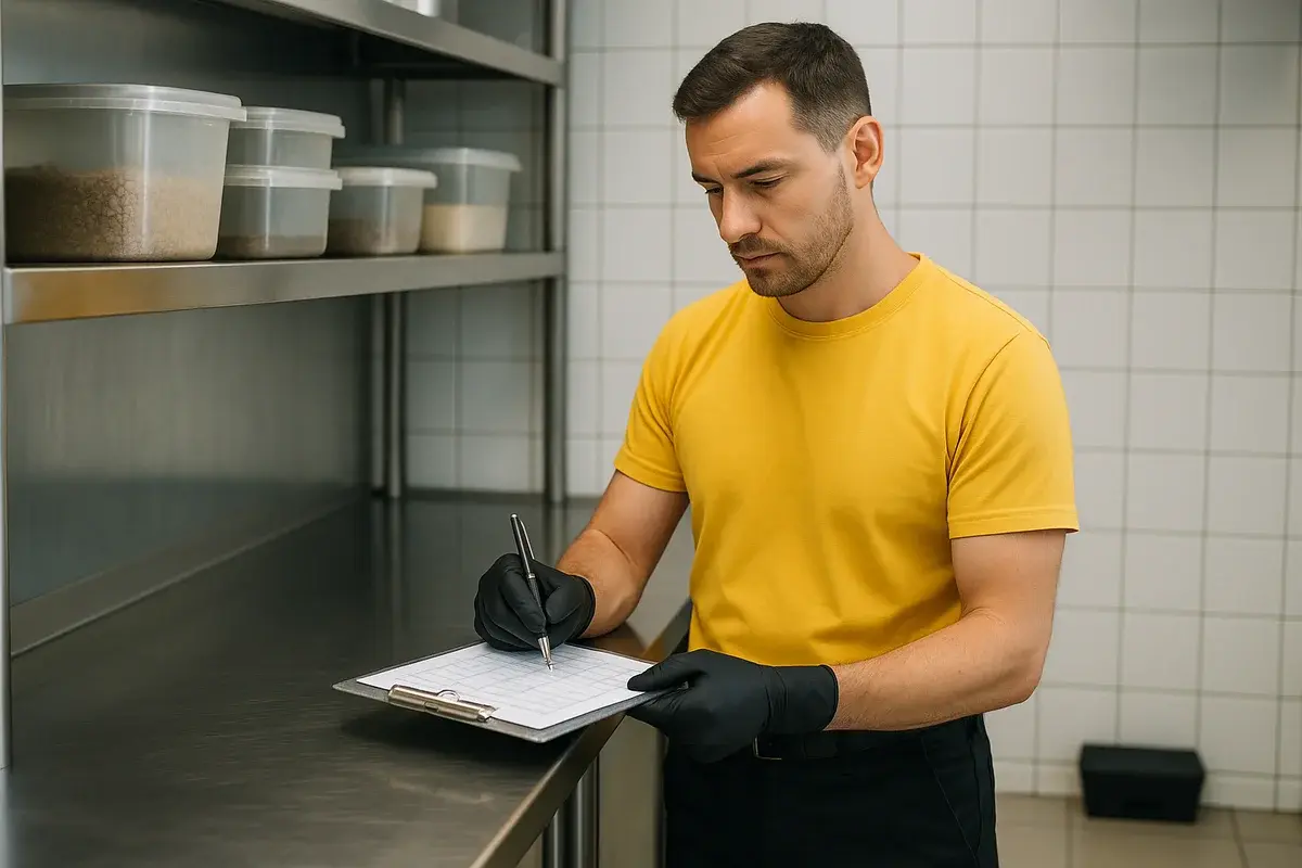 Technicien en t-shirt jaune et pantalon noir, gants aux mains, cochant une fiche de passage sur un porte-bloc dans la réserve en inox d'une cuisine professionnelle, un poste d'appâtage fermé au sol à l'arrière-plan.