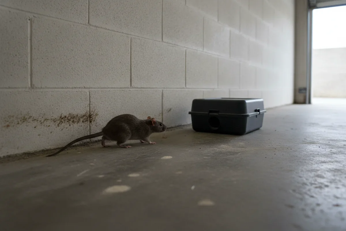 Rat brun longeant le pied d'un mur de garage marqué d'une trace sombre de passage, avec un poste d'appâtage sécurisé noir posé plus loin sur le même trajet