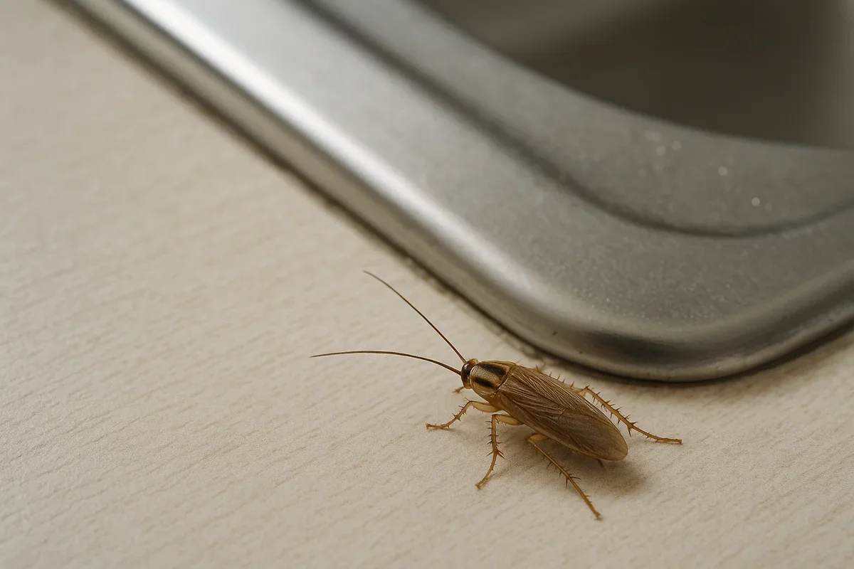 Blatte germanique adulte brun clair vue de dessus sur un plan de travail près d'un évier en inox, ses deux bandes sombres visibles sur le pronotum.