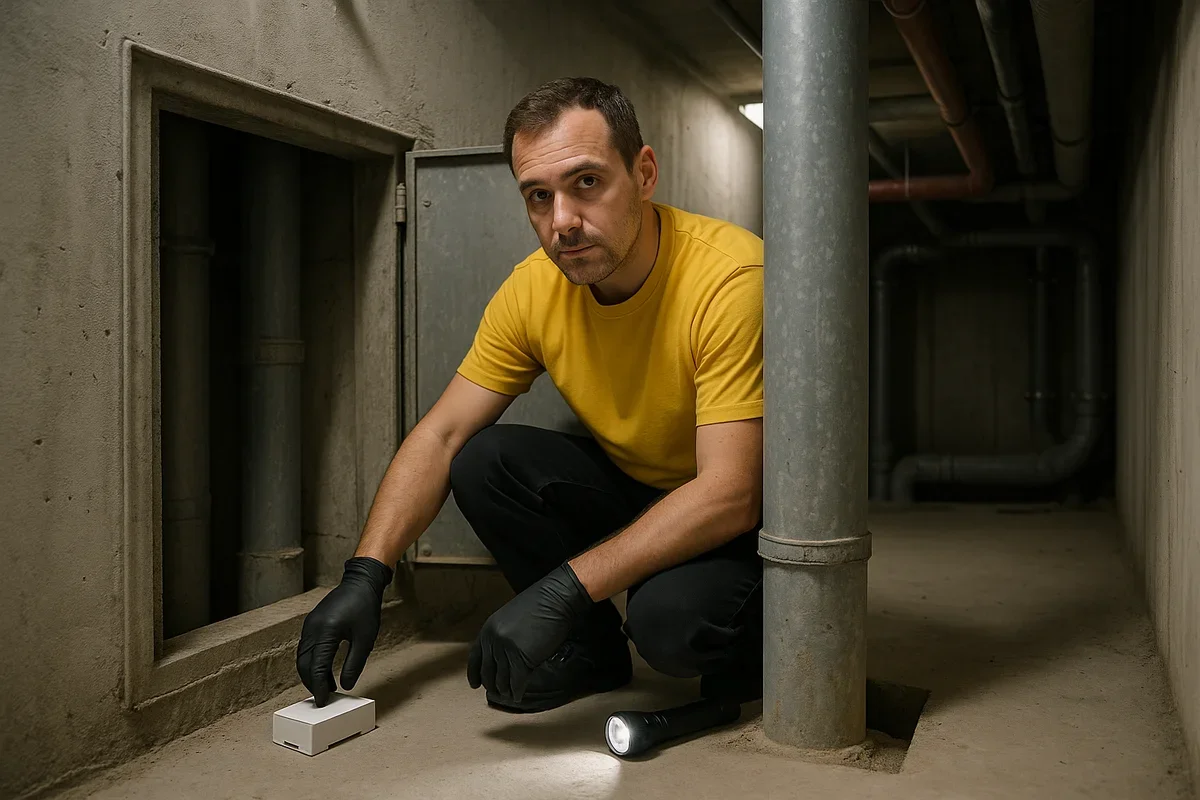 Technicien en pantalon noir, t-shirt jaune et gants, accroupi dans une gaine technique d'immeuble, posant un piège de détection au pied d'une colonne d'eau.